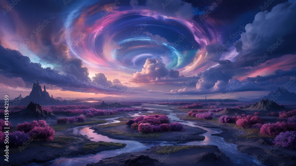 Surreal fantasy landscape with vibrant pink trees, winding rivers, and a dramatic swirling sky at sunset, evoking a magical and dreamlike atmosphere
