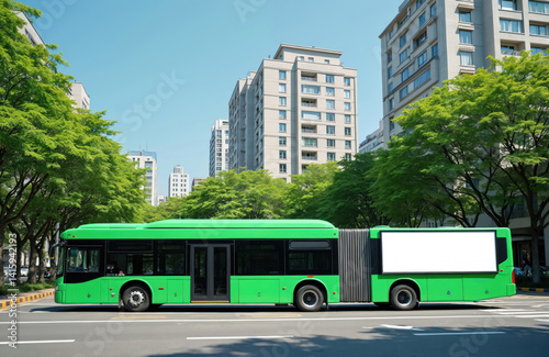 Green bus drives road in Seoul. Advertisement billboard for commercial message. Modern city architecture. Public transport in South Korea. Tour and tourism. Urban transportation infrastructure.