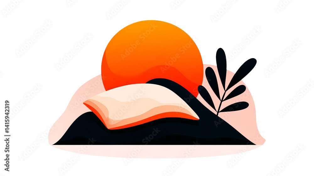 Orange sun shines over a mountain range with abstract vegetation in this digital illustration. Orange sun shines over a mountain range with abstract vegetation in this digital illustration.