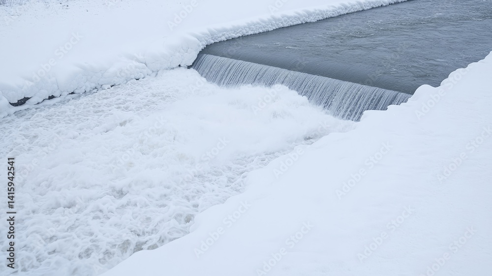 Fototapeta premium Winter Waterfall over Snow-Covered Banks