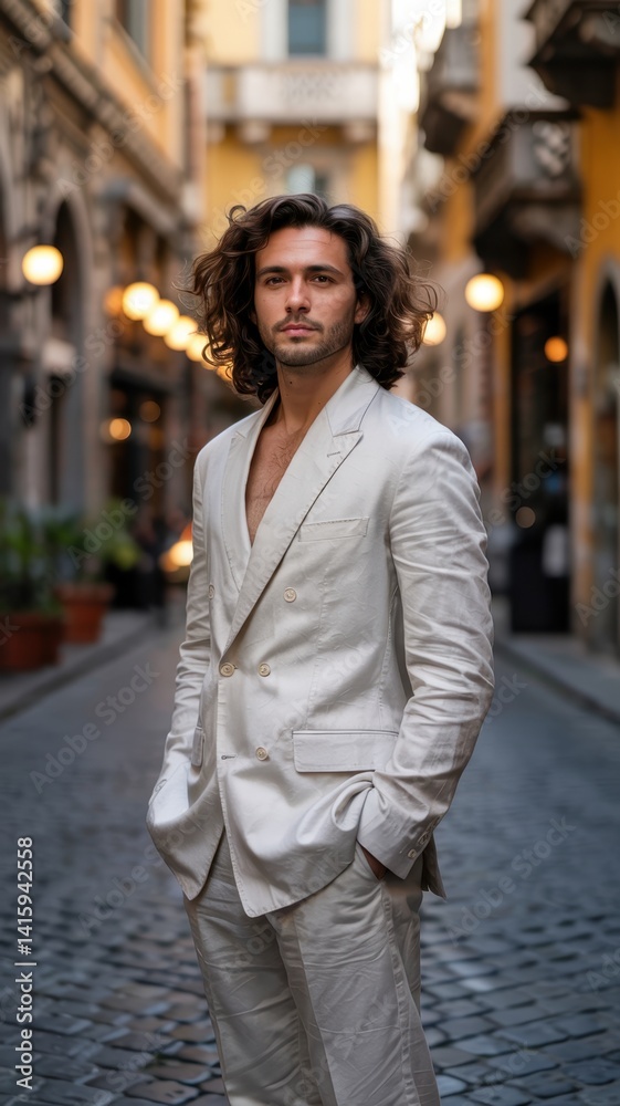 Stylish man in a white suit standing confidently on a cobblestone street in a European city with warm evening lights