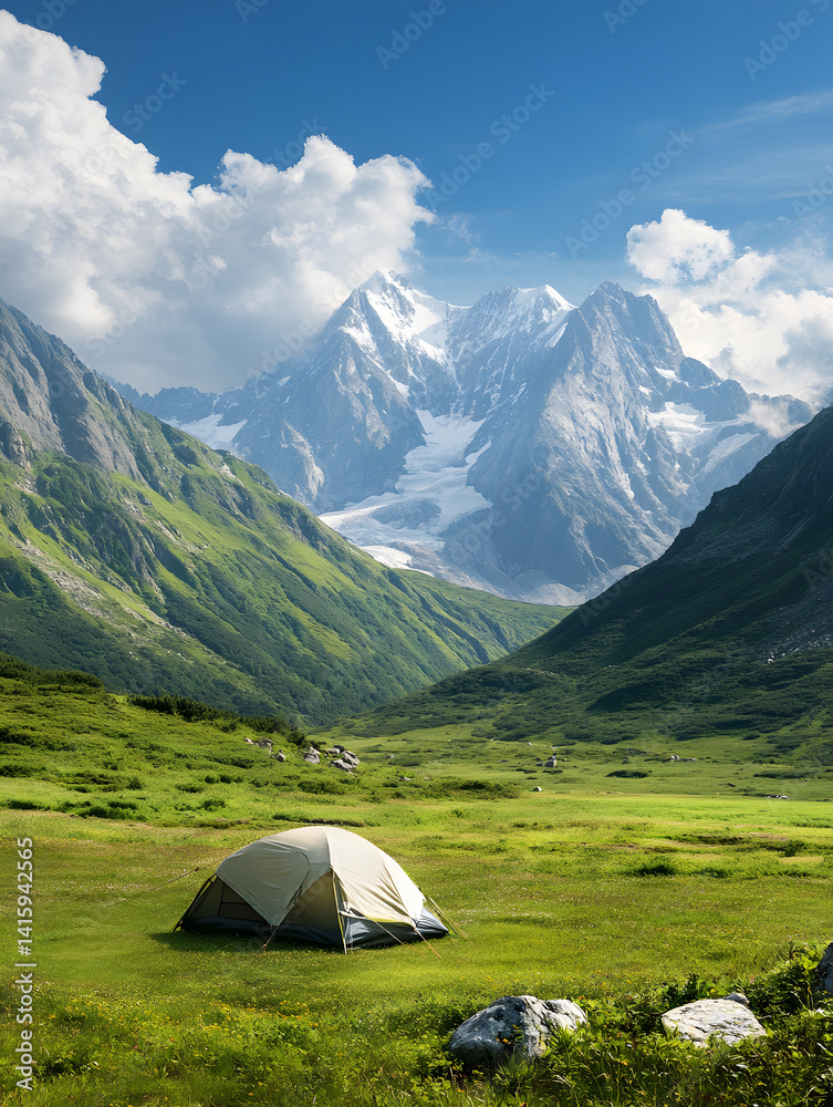 Scenic Tent Camping in a Remote Mountain Valley with Snowy Peaks