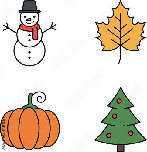 Seasonal holiday icons including snowman pumpkin autumn leaf and decorated Christmas tree minimal flat vector illustration