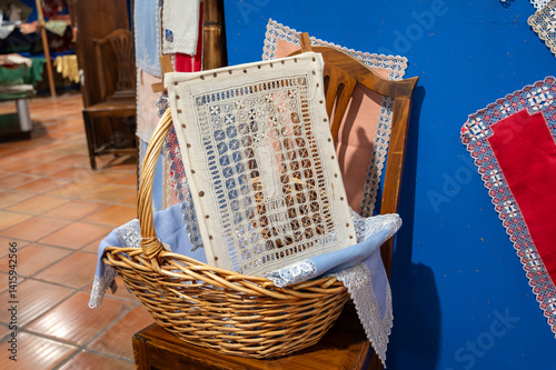 Traditional canarian handmade cotton lace in mountain village shop, Garachico, Tenerife, Spain