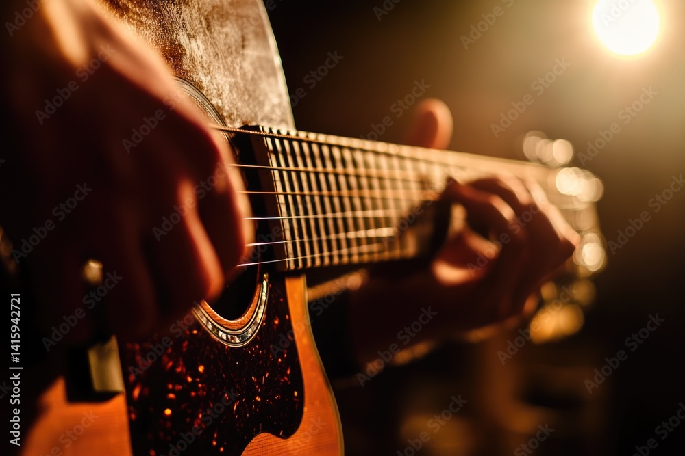Fototapeta premium Close-up of hands playing an acoustic guitar, warm lighting, musical performance.