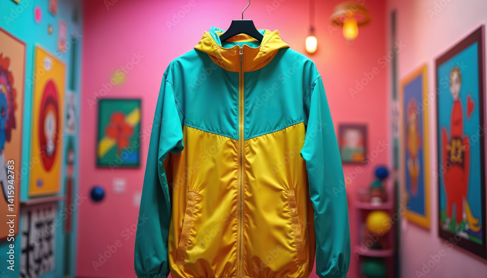 Fototapeta premium Vibrant 90s windbreaker jacket hangs in colorful setting, trendy fashion. Turquoise-yellow color block design, casual retro wear, displayed in brightly lit room. Youthful apparel, pop art inspired