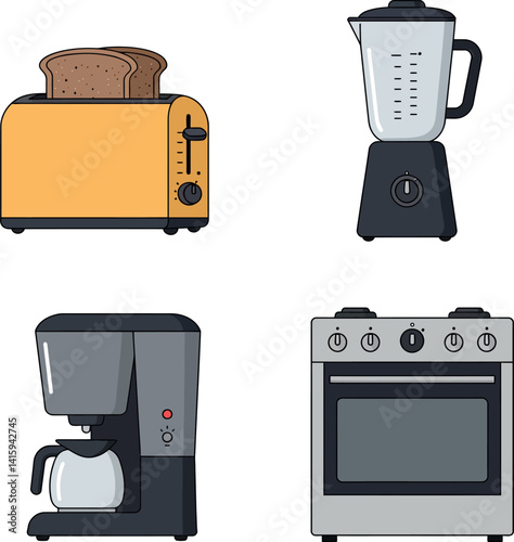 Kitchen appliances set with toaster coffee maker blender and stove flat style vector illustration