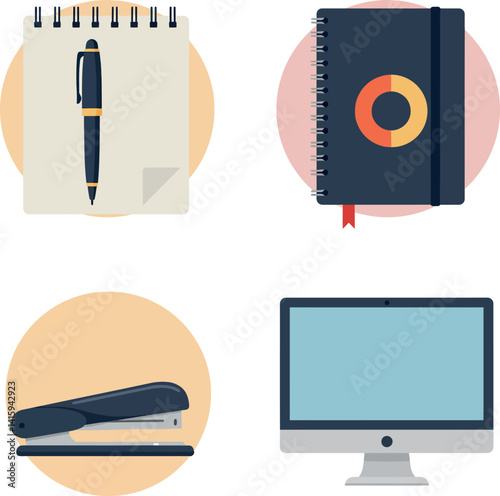 Office stationery items including notepad with pen, spiral notebook, stapler, and computer in flat vector illustration