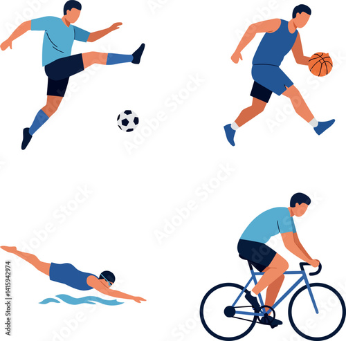 Four male athletes playing soccer basketball swimming and cycling flat style vector illustration