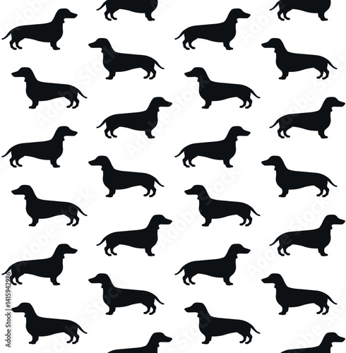 Vector seamless pattern of flat hand drawn dachshund dog silhouette isolated on white background
