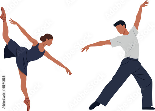 Two contemporary ballet dancers performing graceful poses in minimal flat style vector illustration