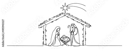 minimal line art of nativity scene with baby Jesus, Mary and Joseph under a star