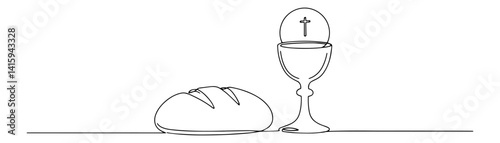 symbolic bread and chalice for holy communion in continuous line black and white style