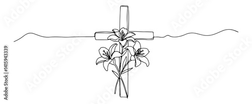 cross adorned with lilies drawn in delicate one line style, symbol of Easter and resurrection