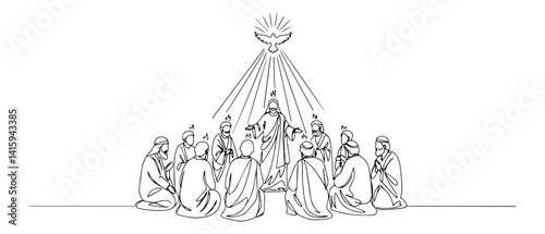 continuous line vector of apostles receiving the holy spirit, symbolic pentecost scene