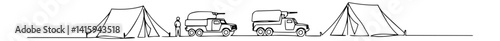 simple vector sketch of military camp with tents and vehicles, hand drawn field base scene