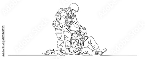 line drawing of soldier supporting wounded companion on ground in war zone, military vector