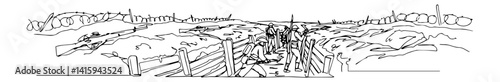 military scene of soldiers in trench warfare position, black and white vector lineart