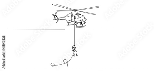 military rescue scene with soldier rappelling from helicopter using rope, outline vector