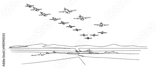 vector line drawing of fighter jets in formation flying above a mountainous battlefield landscape