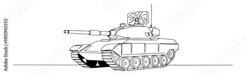 clean line art vector of a modern battle tank with cannon and turret, military armored vehicle
