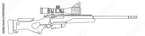 vector line art of sniper rifle with scope, black and white firearm illustration in minimal style