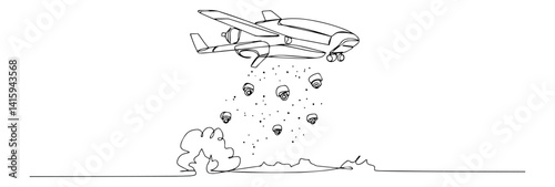 black and white vector of aircraft dropping bombs, minimalist war scene illustration