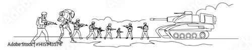 black and white vector of soldiers attacking alongside tank, detailed minimalist battle scene