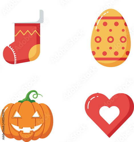 Colorful holiday-themed flat style icons with Christmas stocking Easter egg pumpkin and heart vector illustration