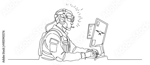 Monoline Operator Shocked at Drone Feed – Minimal Line Art Vector