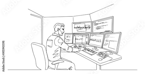 Monoline Operator Controlling Drone Fleet – Minimal Line Art Vector