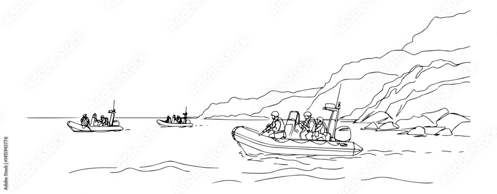 Fototapeta premium military boats with soldiers near rocky coastline, outline vector