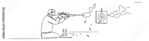 Minimal one-line drawing of tactical shooter kneeling at firing range aiming rifle at paper target