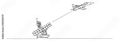 Continuous line art of mobile surface-to-air missile launcher engaging fast jet aircraft
