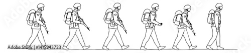 group of armed soldiers walking in line, simple outline vector