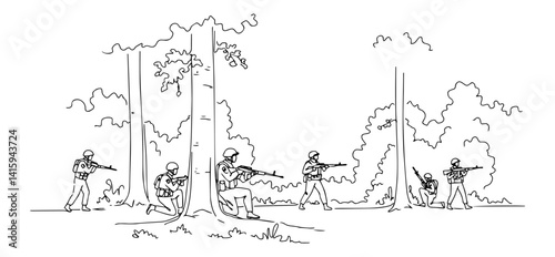 armed soldiers hiding and aiming in forest, line art vector style