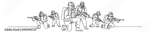 group of armed soldiers in shooting positions, outline vector