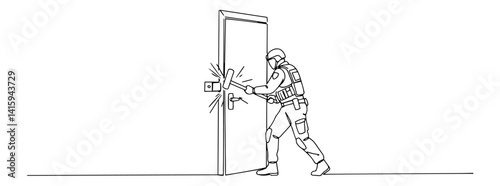 armed soldier breaching door in action, minimal line vector