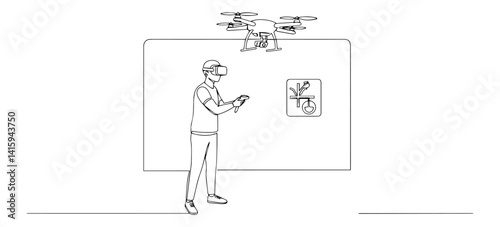 person controlling drone using vr headset, outline vector style