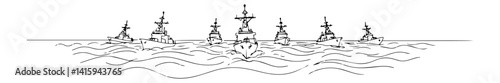 fleet of warships in the ocean in line art style vector