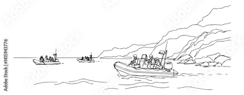 military boats with soldiers near rocky coastline, outline vector
