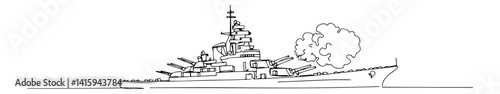 Continuous line art of battleship firing broadside cannon salvo amid ocean waves and smoke