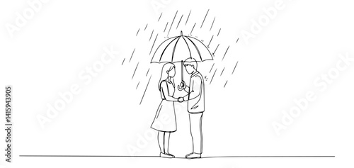 continuous line vector of couple standing close under umbrella in rain, romantic moment