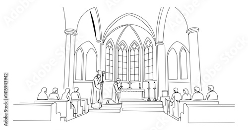 line art vector of wedding ceremony inside a gothic church, minimalist architectural sketch