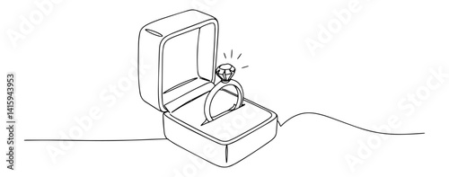 continuous line vector of engagement ring in box, minimalist wedding proposal illustration