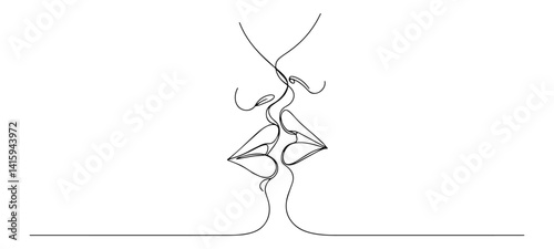 minimalist vector of kissing couple with hearts, drawn in continuous line romantic style