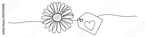 flower with heart tag, line art romantic blackandwhite vector, simple love themed design