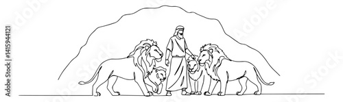 Daniel in the lion’s den continuous line vector illustration