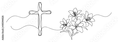 One line art of a flowing ribbon cross adorned with blooming Easter lilies