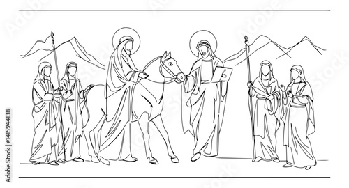 Single line art of the Flight into Egypt – Saint Joseph leading donkey carrying Mary and baby Jesus with attendants